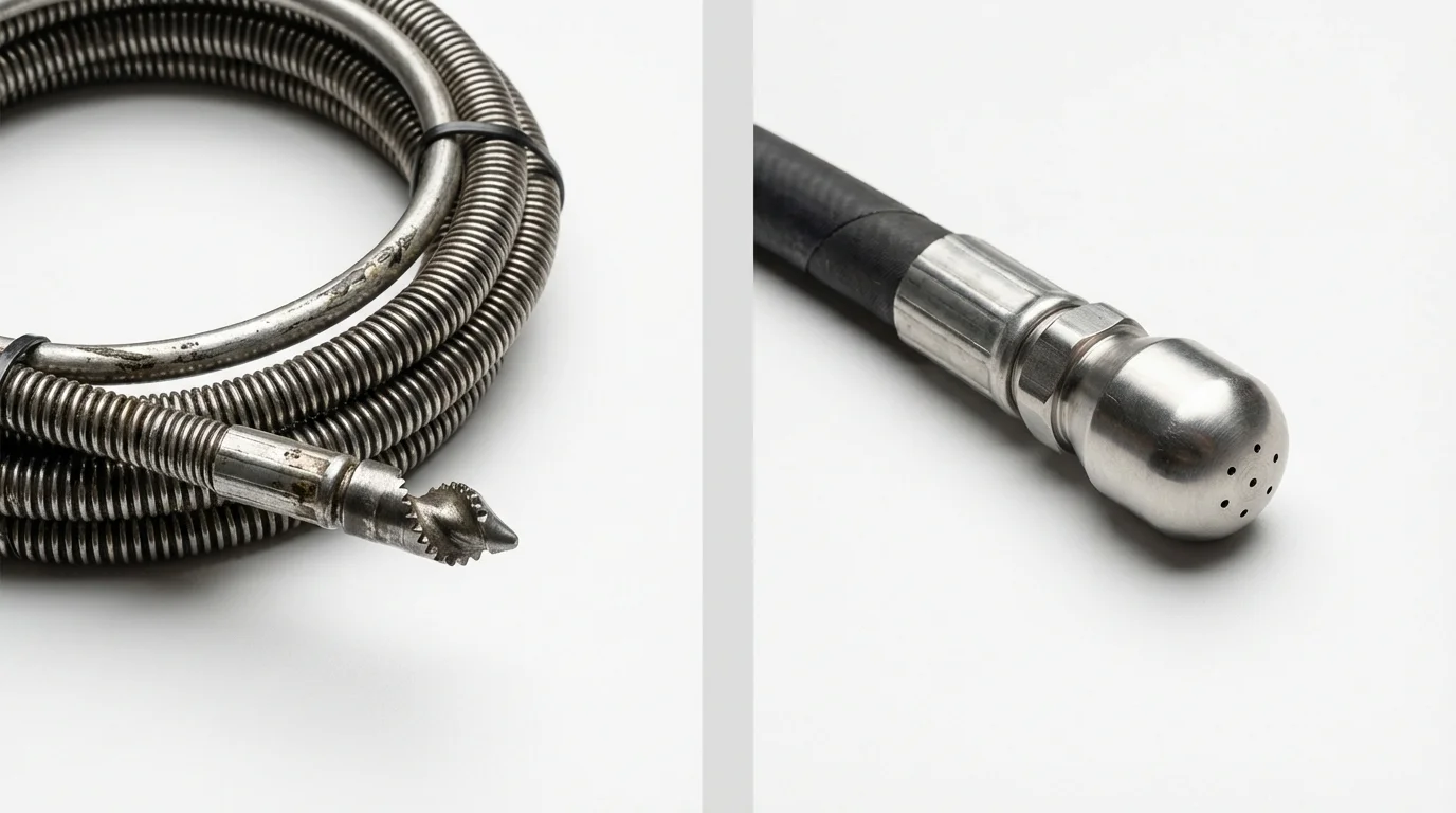 Drain snake cable and hydro jetting nozzle used for drain cleaning in Placentia, CA