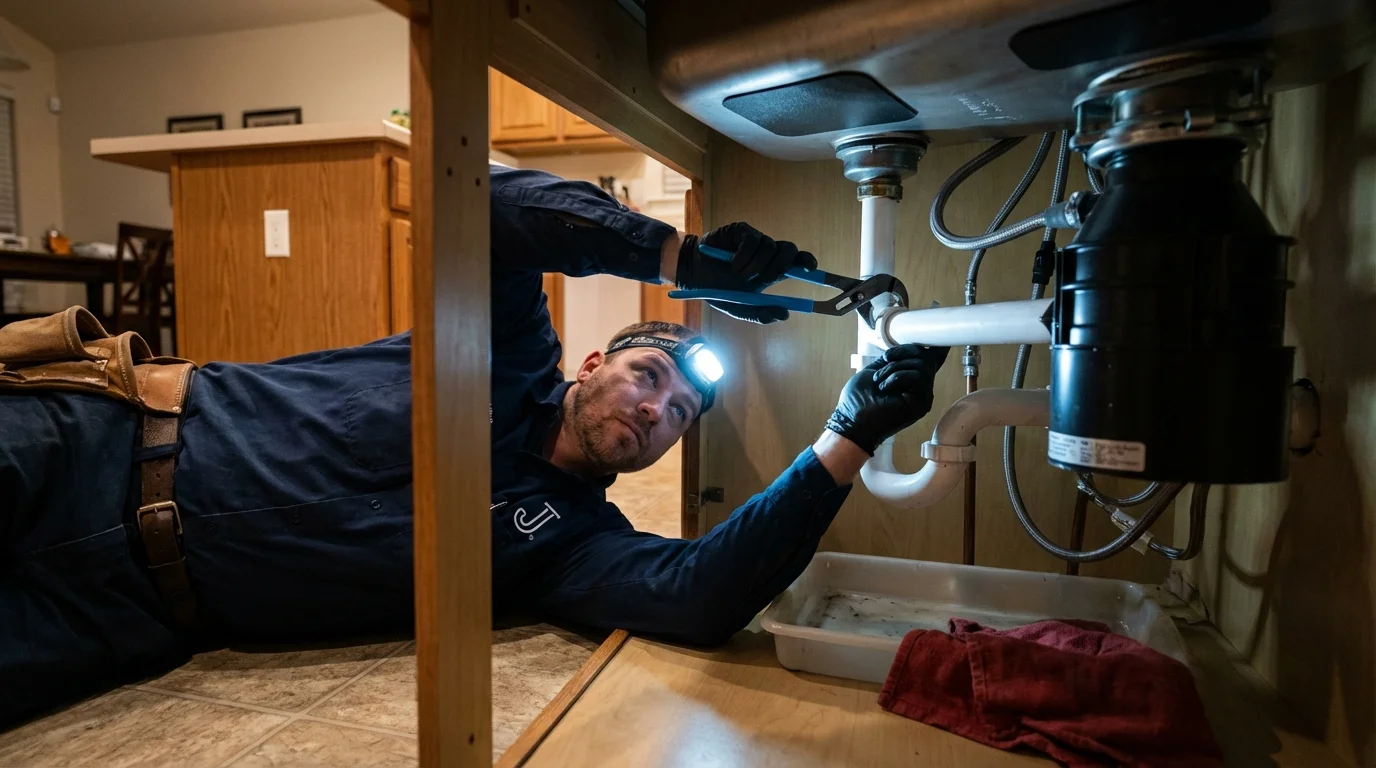 P-trap and supply line connections under a kitchen sink showing a common leak point in Placentia, CA